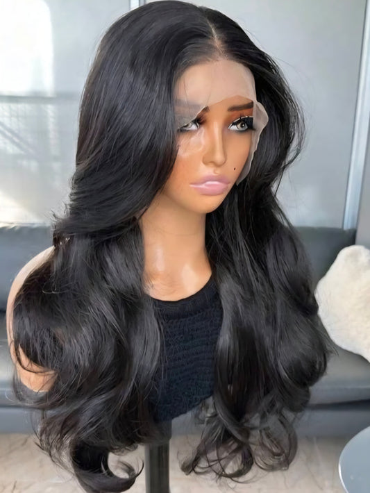 Natural Black Curtain Bangs Human blend Lace Front Wig